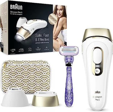 Braun IPL Silk Expert Pro 5 Haarentfernungsgerät, für dauerhaft sichtbare Haarentfernung, Venus Rasierer & Tasche, Alternative zur Laser Haarentfernung, Geschenk für Frauen, PL5137, weiß/gold im Sale